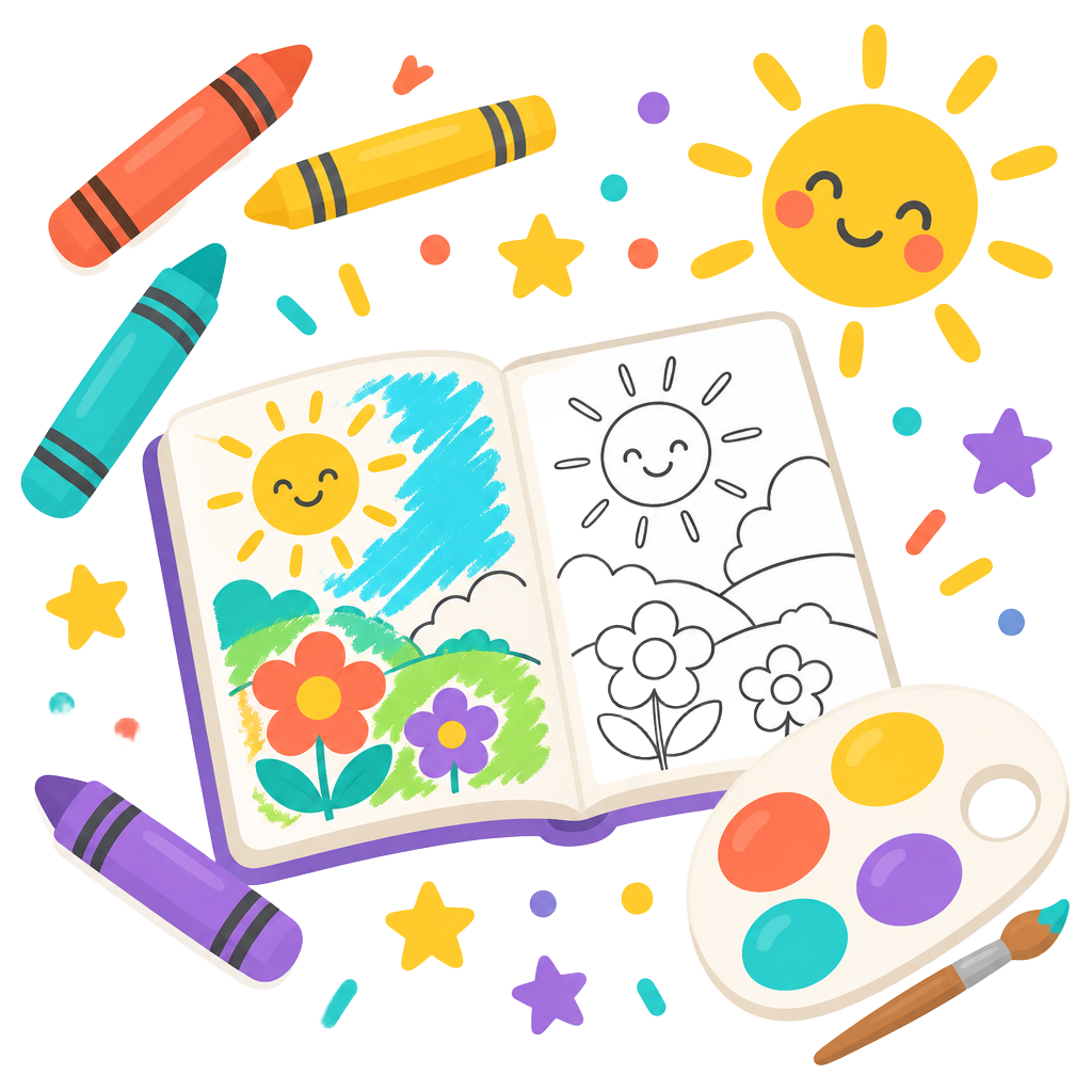 Livro de colorir aberto com giz de cera, paleta de tintas e um sol sorridente