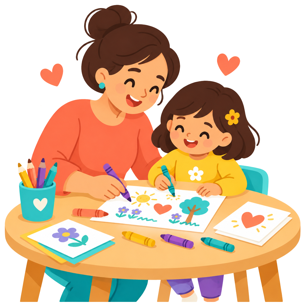 Mãe e filha colorindo juntas uma folha de papel com giz de cera